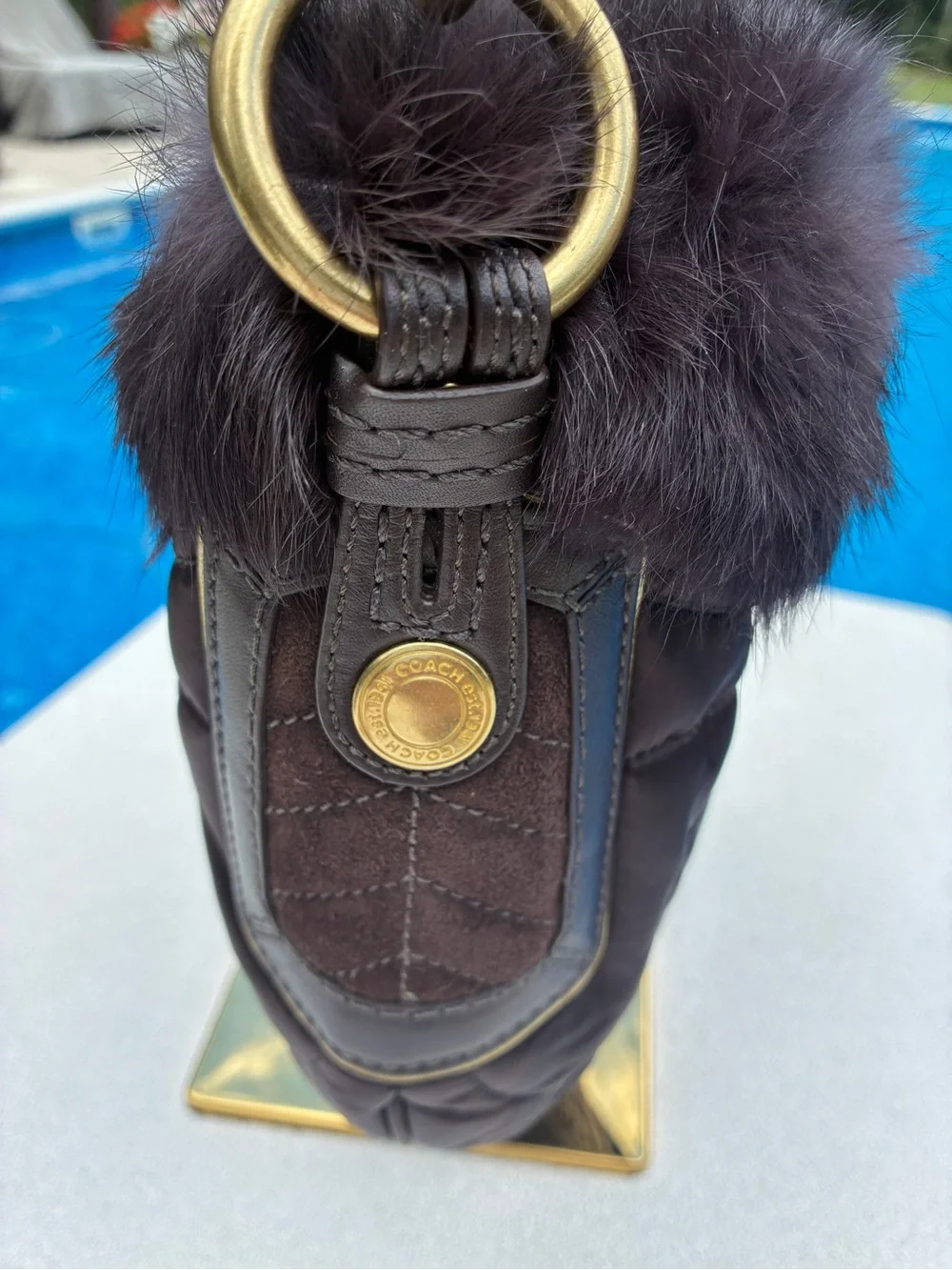 Coach G05K-3586 Ski Bunny Hobo Bag 2005 Dark Brown Quilted Rabbit Fur Y2K